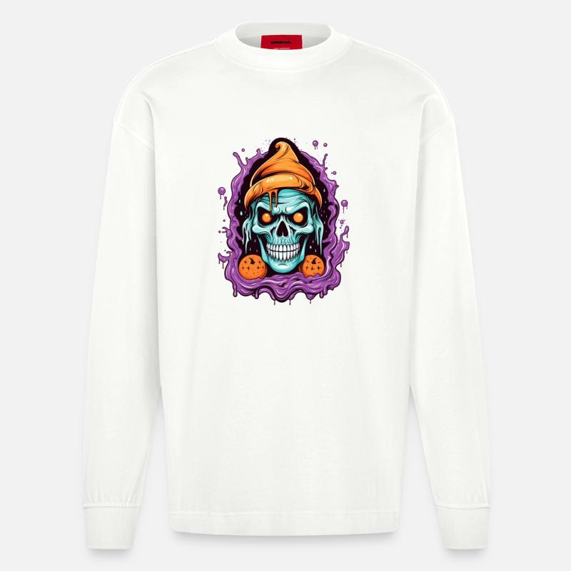 Graffiti Skull with Halloween Elements - Heavyweight Oversized Organic Longsleeve Shirt Made in EU - OFF WHITE