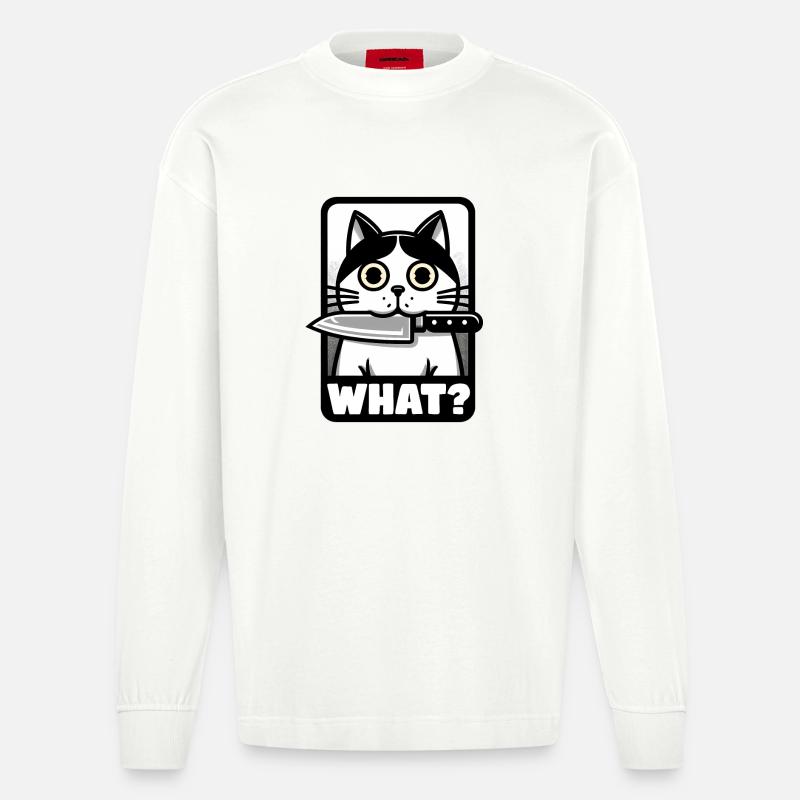 WAS? EINE KATZE MIT MESSER - Heavyweight Oversized Organic Langarmshirt Made in EU - OFF WHITE