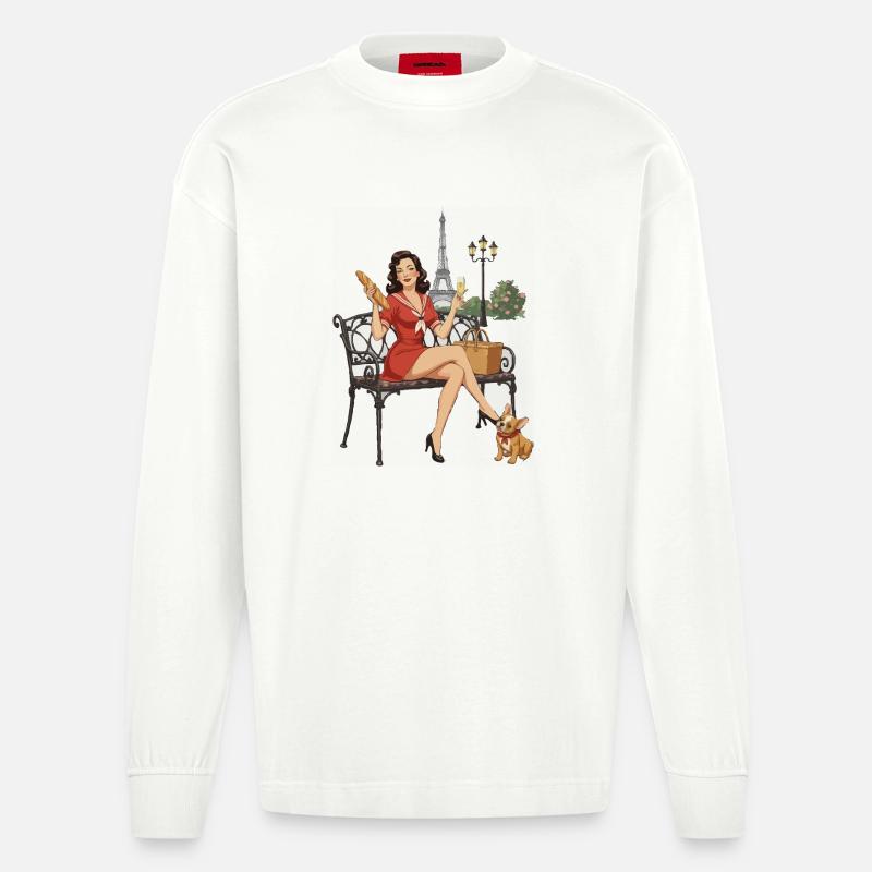 Pin-up de Paris sur le banc - Manches longues bio épais oversize fabriqué en UE - OFF WHITE