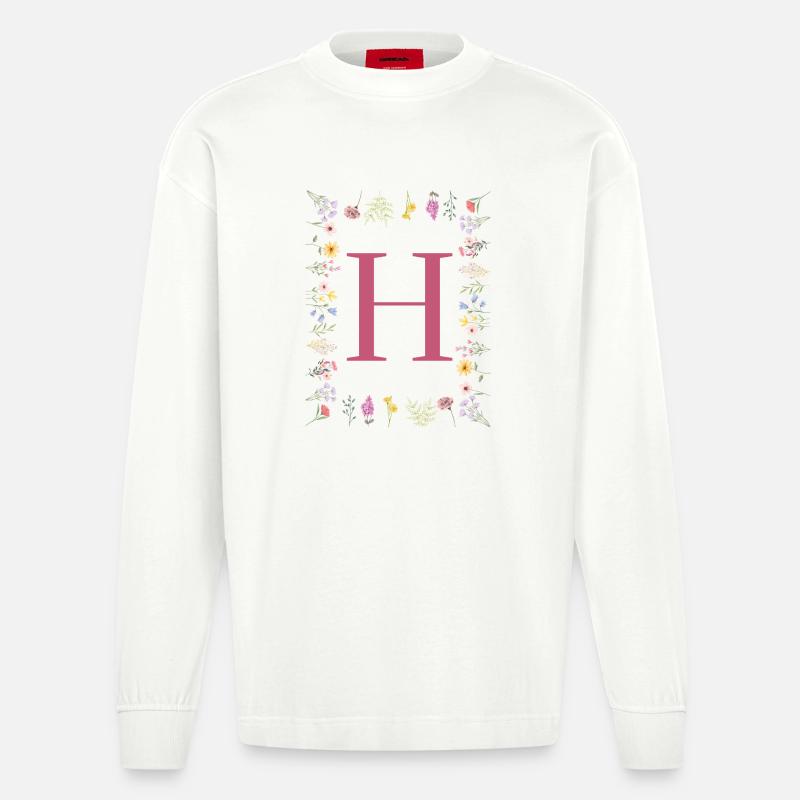 Florale Initialen "H", Buchstaben Monogramm - Heavyweight Oversized Organic Langarmshirt Made in EU - OFF WHITE