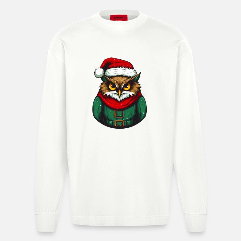 Weihnachtseule im Grünpullover - Heavyweight Oversized Organic Langarmshirt Made in EU - OFF WHITE