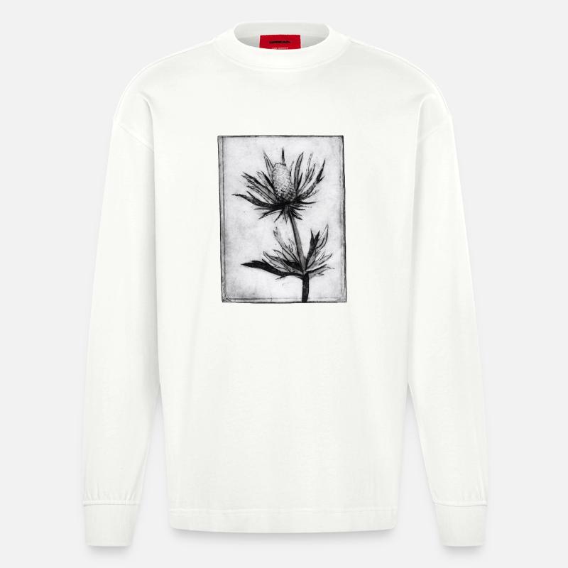 Distel - handgeschnitzte Druckvorlage - Heavyweight Oversized Organic Langarmshirt Made in EU - OFF WHITE