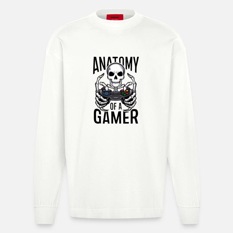 Gamer Skeleton mit Gamecontroller - Heavyweight Oversized Organic Langarmshirt Made in EU - OFF WHITE