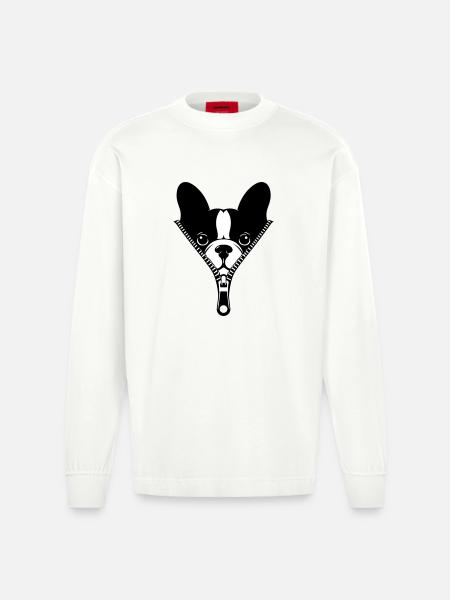 French Bulldog in a Zipper - Heavyweight Oversized Organic Longsleeve Shirt Made in EU - OFF WHITE
