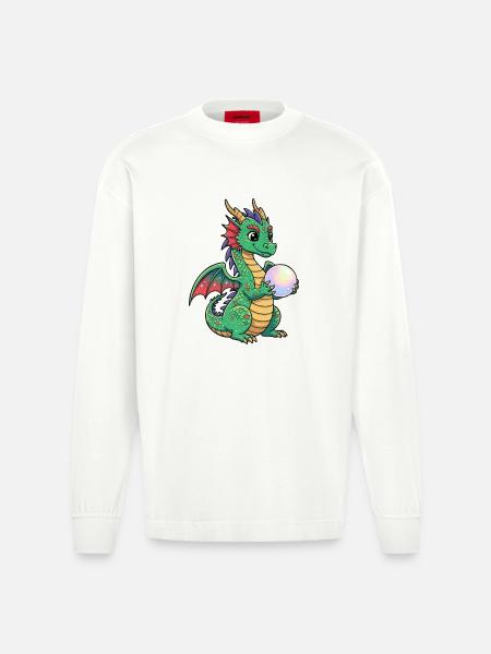Kleiner Drache mit Ball - Heavyweight Oversized Organic Langarmshirt Made in EU - OFF WHITE