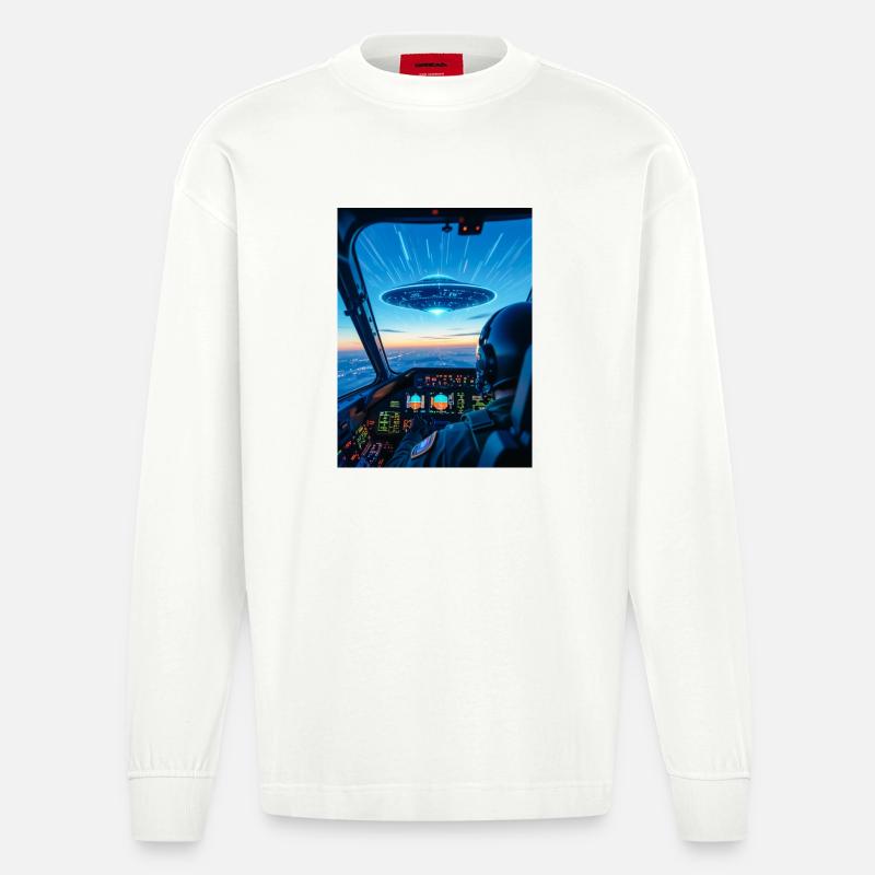 UFO Cockpit – Blick ins Unbekannte - Heavyweight Oversized Organic Langarmshirt Made in EU - OFF WHITE