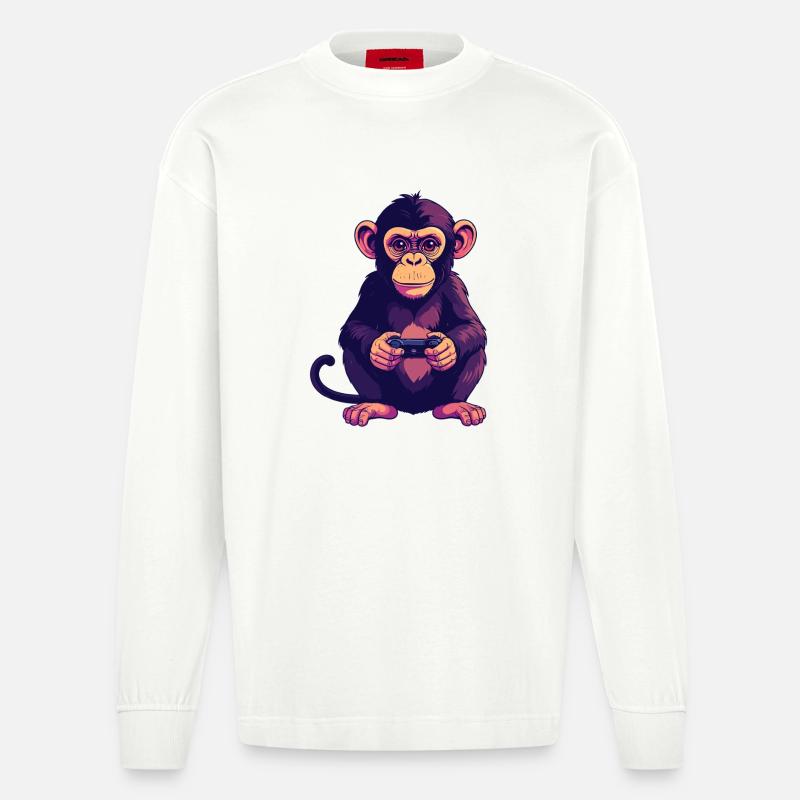 Monkey on controller playing console gaming - Heavyweight Oversized Organic Longsleeve Shirt Made in EU - OFF WHITE