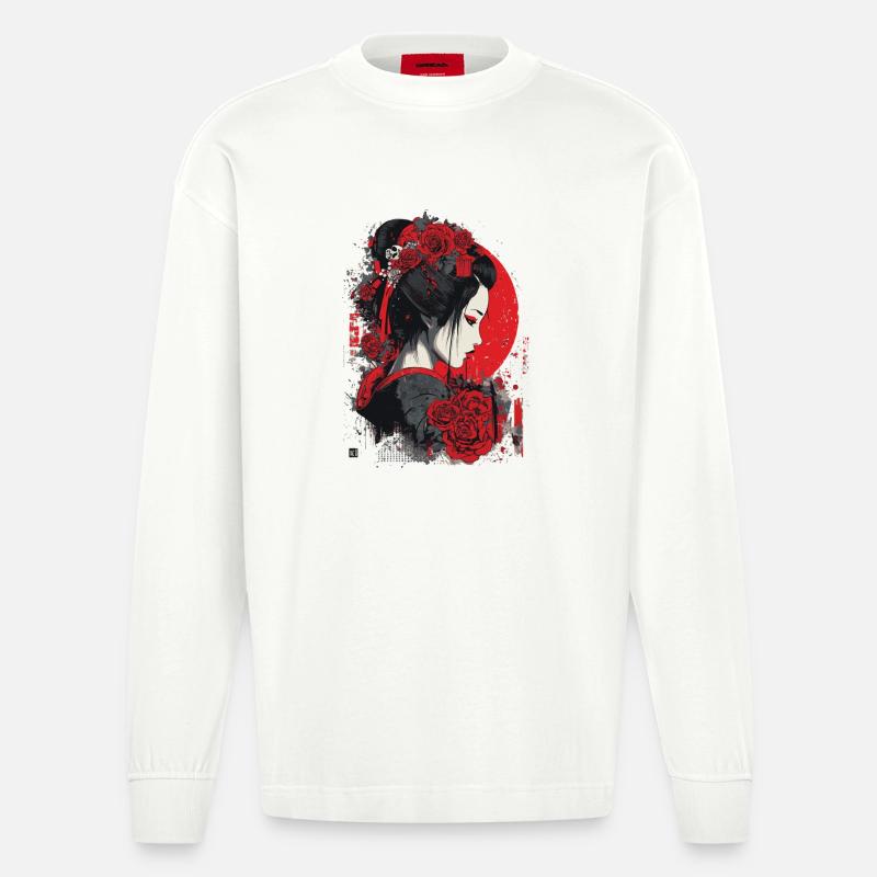 Geisha mit roten Rosen - Heavyweight Oversized Organic Langarmshirt Made in EU - OFF WHITE