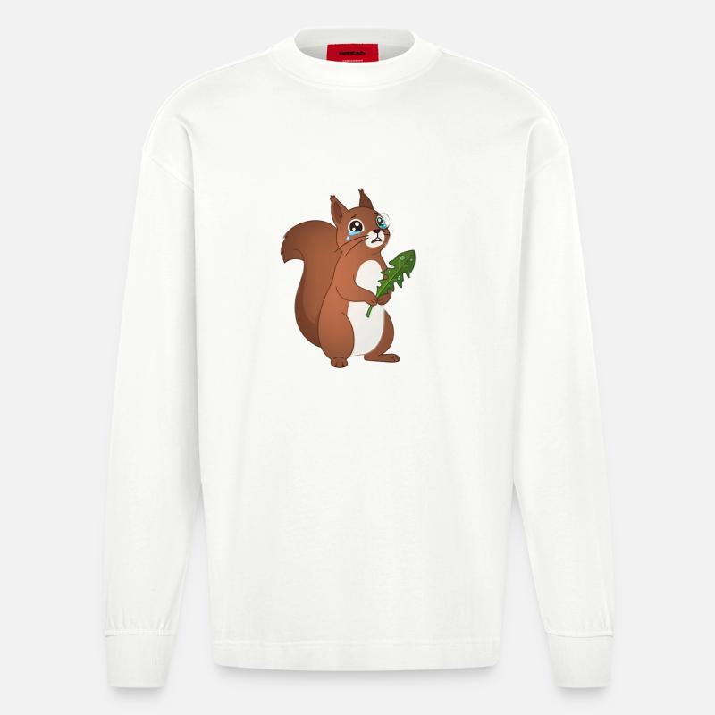 Heulendes Eichhörnchen mit einem Blatt - Heavyweight Oversized Organic Langarmshirt Made in EU - OFF WHITE