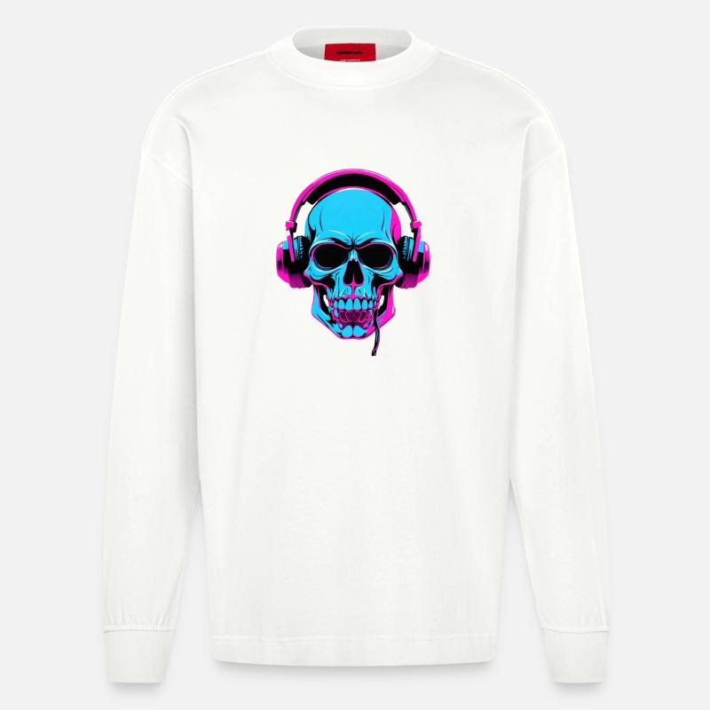 Neon Skull mit Kopfhörern - Heavyweight Oversized Organic Langarmshirt Made in EU - OFF WHITE