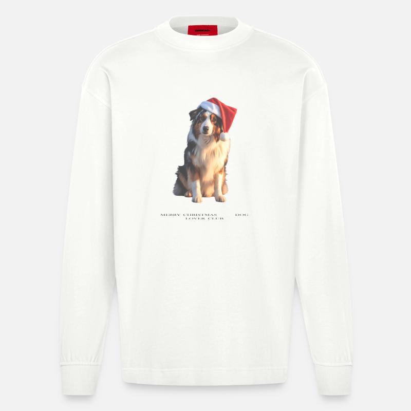 Boder Collie Weihnachts-Hund im Santa-Hut - Heavyweight Oversized Organic Langarmshirt Made in EU - OFF WHITE