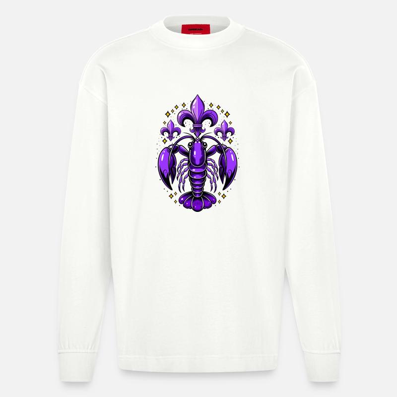 Mardi Gras Languste mit Fleur-de-Lis Design - Heavyweight Oversized Organic Langarmshirt Made in EU - OFF WHITE