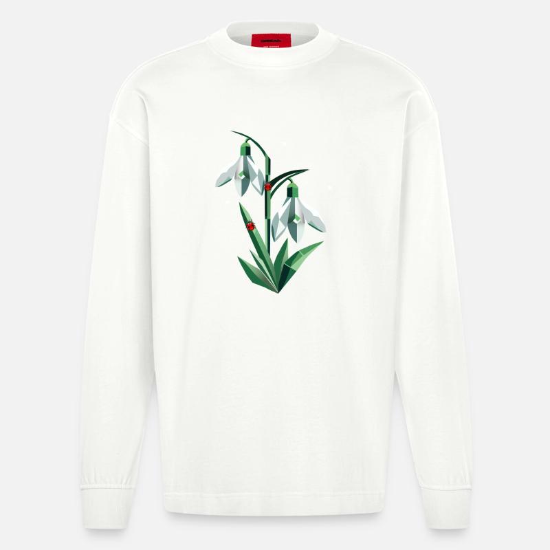 Zwei Schneeglöckchen mit Marienkäfern - Heavyweight Oversized Organic Langarmshirt Made in EU - OFF WHITE