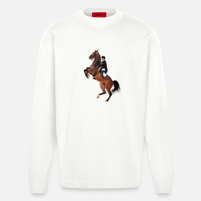 Eleganter Reiter auf Springendem Pferd - Heavyweight Oversized Organic Langarmshirt Made in EU - OFF WHITE