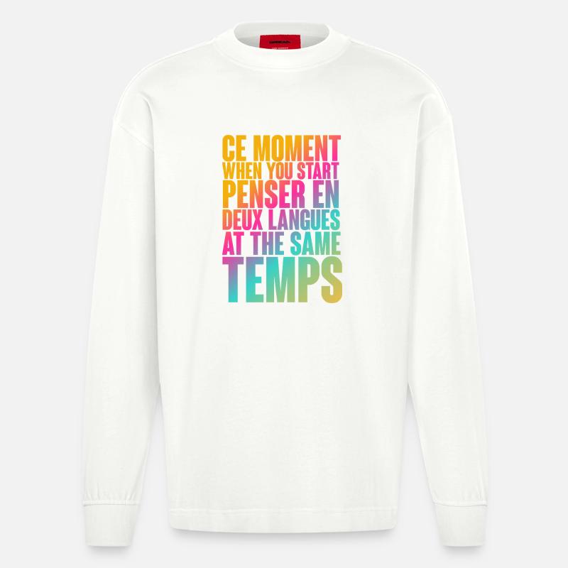 Temps de réflexion multilingue Imprimer - Manches longues bio épais oversize fabriqué en UE - OFF WHITE