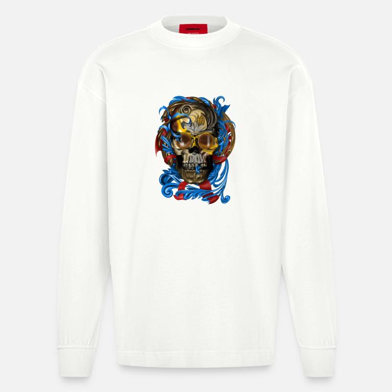 Barock Skull mit Blau Bändern - Heavyweight Oversized Organic Langarmshirt Made in EU - OFF WHITE