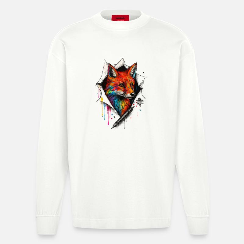 Regenbogenfuchs Kunst mit Farbspritzer - Heavyweight Oversized Organic Langarmshirt Made in EU - OFF WHITE