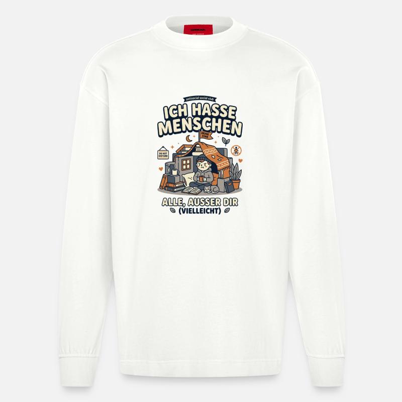Ich hasse Menschen Humor Spruch - Heavyweight Oversized Organic Langarmshirt Made in EU - OFF WHITE