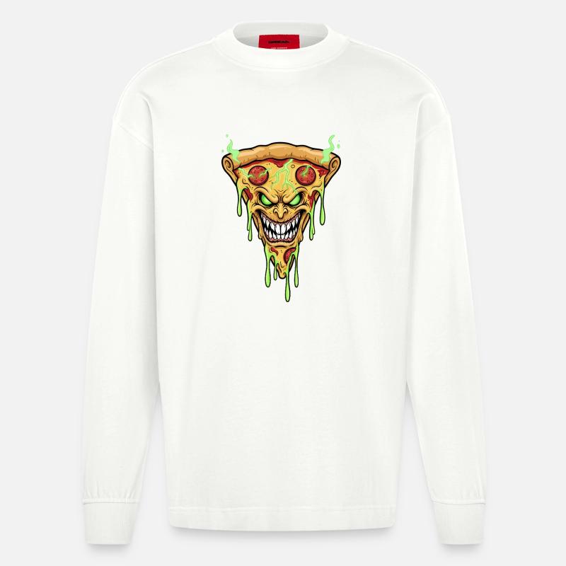 Pizza Dämonengesicht Neon Grün - Heavyweight Oversized Organic Langarmshirt Made in EU - OFF WHITE