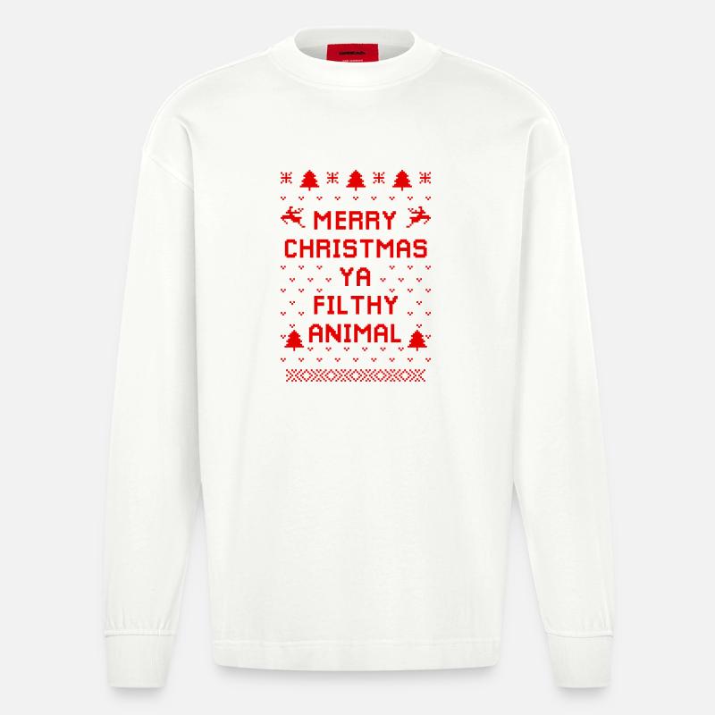 Humorvoller Weihnachts-Tierpullover - Heavyweight Oversized Organic Langarmshirt Made in EU - OFF WHITE