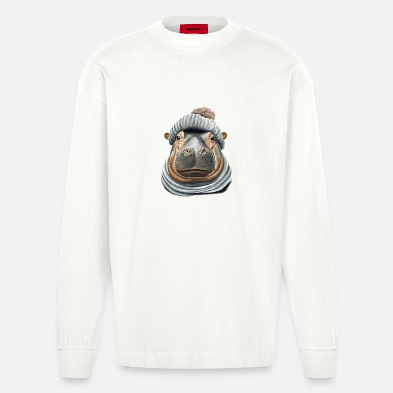 Hippopotamus Bobble Hat - Heavyweight Oversized Organic Longsleeve Shirt Made in EU - OFF WHITE