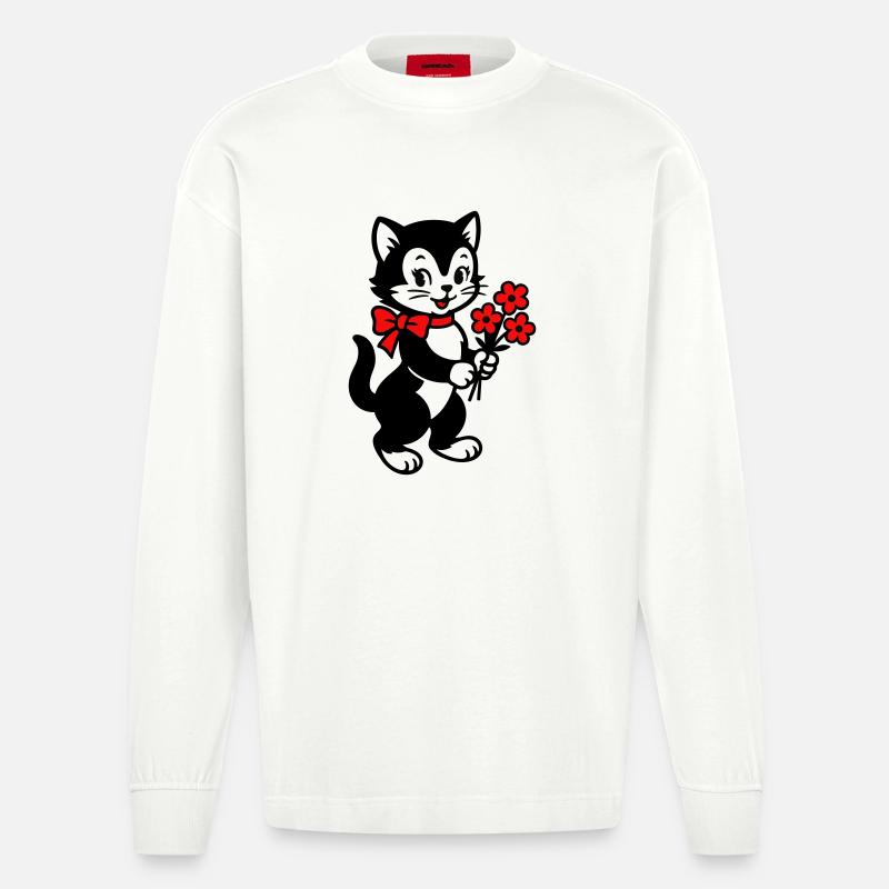 Chat noir avec ruban rouge - Manches longues bio épais oversize fabriqué en UE - OFF WHITE
