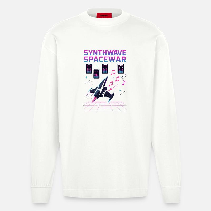SYNTHWAVE SPACEWAR Vaisseau Rétro Neon 80s - Manches longues bio épais oversize fabriqué en UE - OFF WHITE
