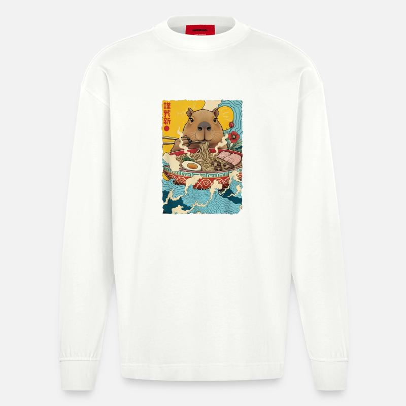 Capybara isst Ramen Nudeln - Heavyweight Oversized Organic Langarmshirt Made in EU - OFF WHITE