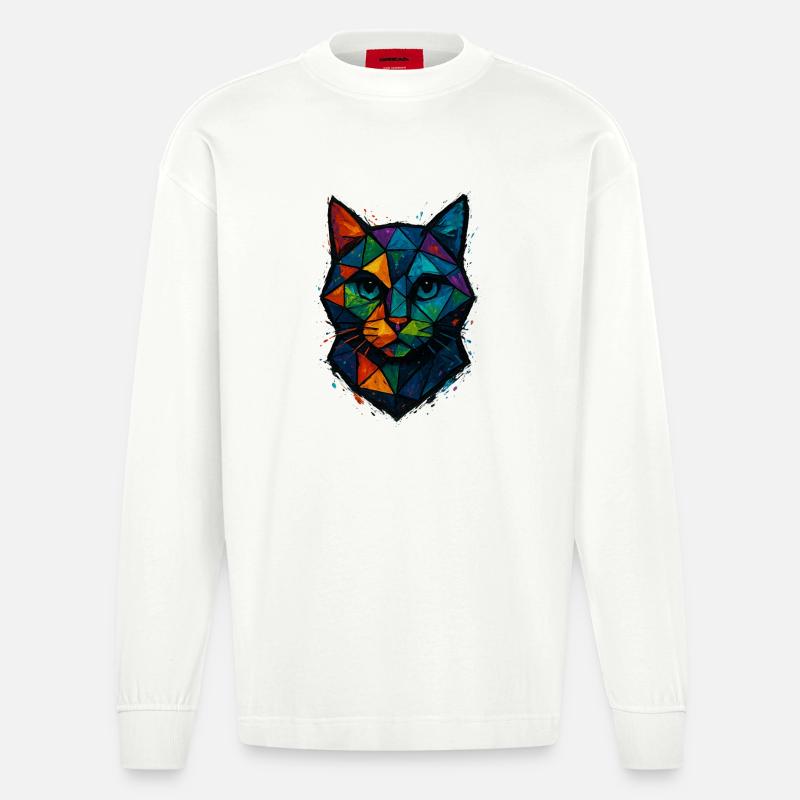Cat Low Poly – geometrisches Mesh-Polygon-Kunstdesign - Heavyweight Oversized Organic Langarmshirt Made in EU - OFF WHITE