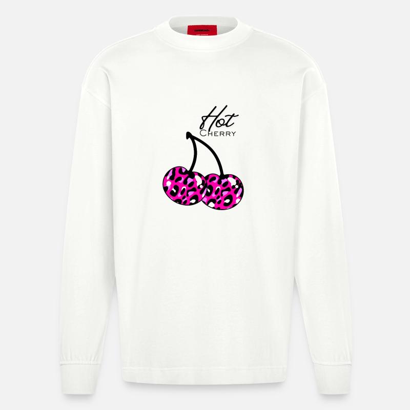 Pink leopard pattern cherry - Heavyweight Oversized Organic Longsleeve Shirt Made in EU - OFF WHITE