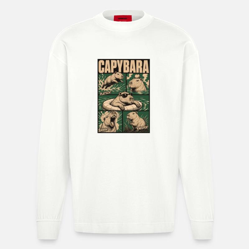 Comic Capybara Action Style - Heavyweight Oversized Organic Langarmshirt Made in EU - OFF WHITE