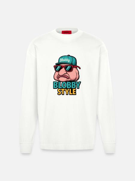 Blobby Style Cartoon Tee - Heavyweight Oversized Organic Longsleeve Shirt Made in EU - OFF WHITE