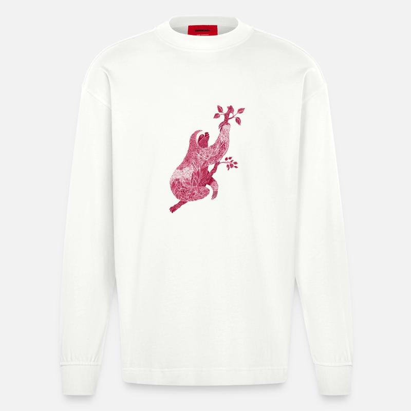 Faultier mit rotem Blumenmuster – Line Art - Heavyweight Oversized Organic Langarmshirt Made in EU - OFF WHITE