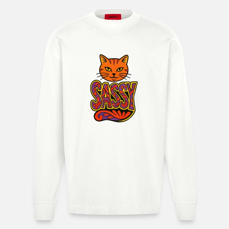 Sassy Cat Psychedelic Script - Heavyweight Oversized Organic Langarmshirt Made in EU - OFF WHITE
