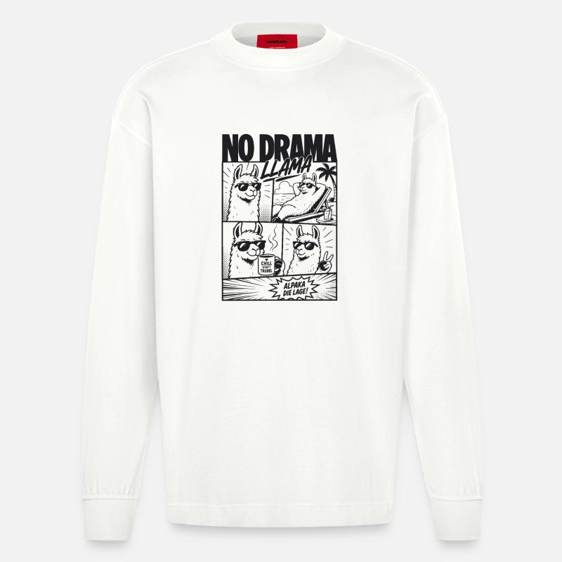 No Drama Llama Cool Alpaka Comic - Heavyweight Oversized Organic Langarmshirt Made in EU - OFF WHITE