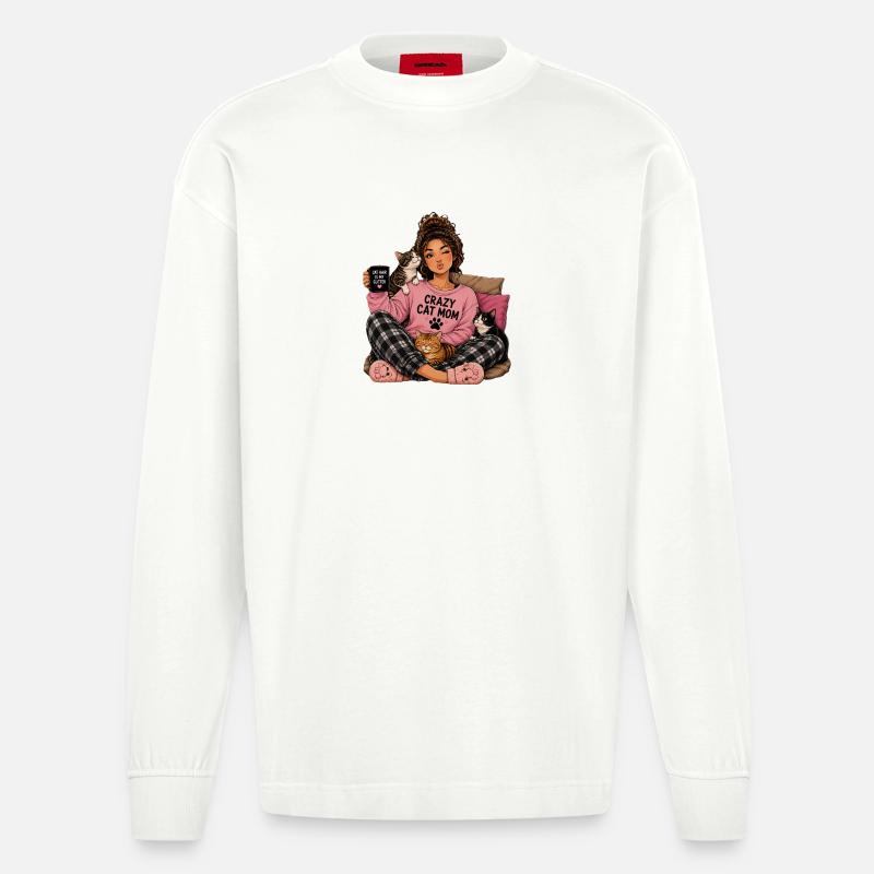 Crazy Cat Mom Cucudle Design - Manches longues bio épais oversize fabriqué en UE - OFF WHITE