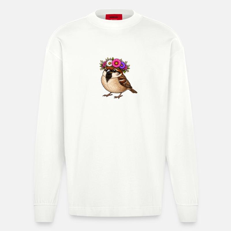 Vogel mit Blumenschmuck  - Heavyweight Oversized Organic Langarmshirt Made in EU - OFF WHITE