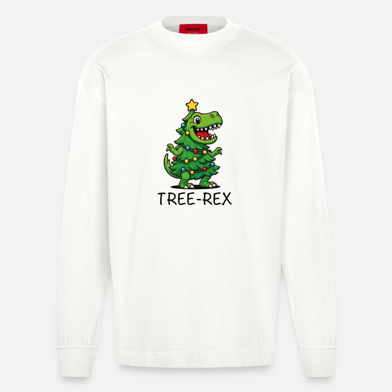 Tree-Rex – Dino de dessins animés mignons - Manches longues bio épais oversize fabriqué en UE - OFF WHITE