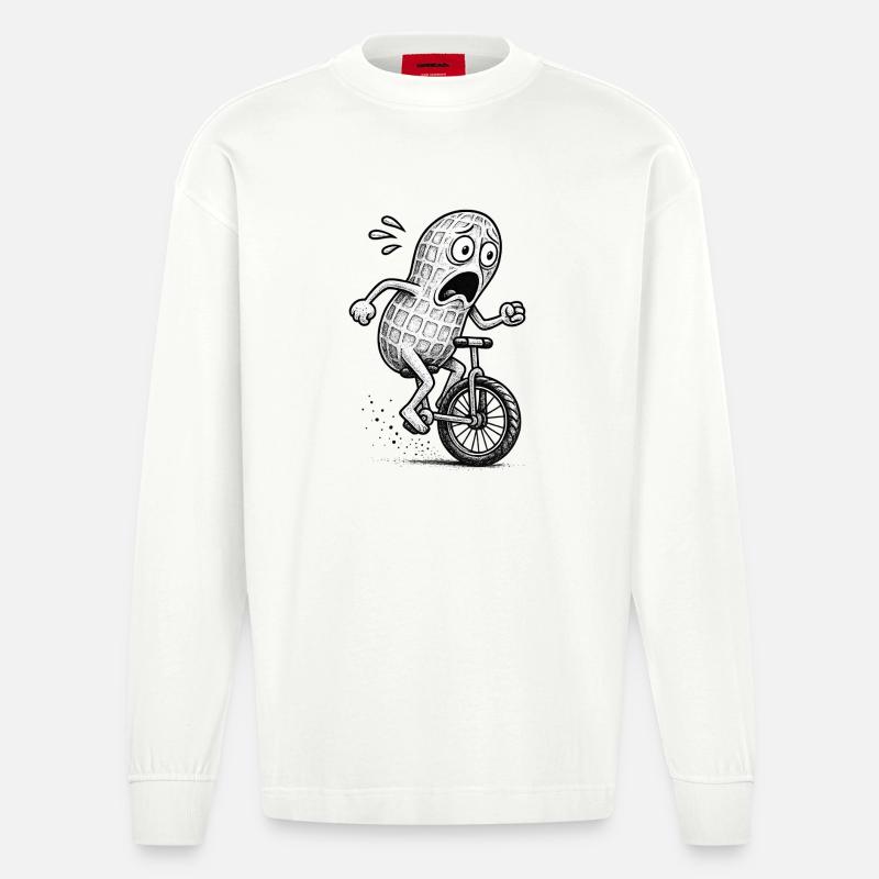 Panic Peanut on a Bike - Heavyweight Oversized Organic Longsleeve Shirt Made in EU - OFF WHITE