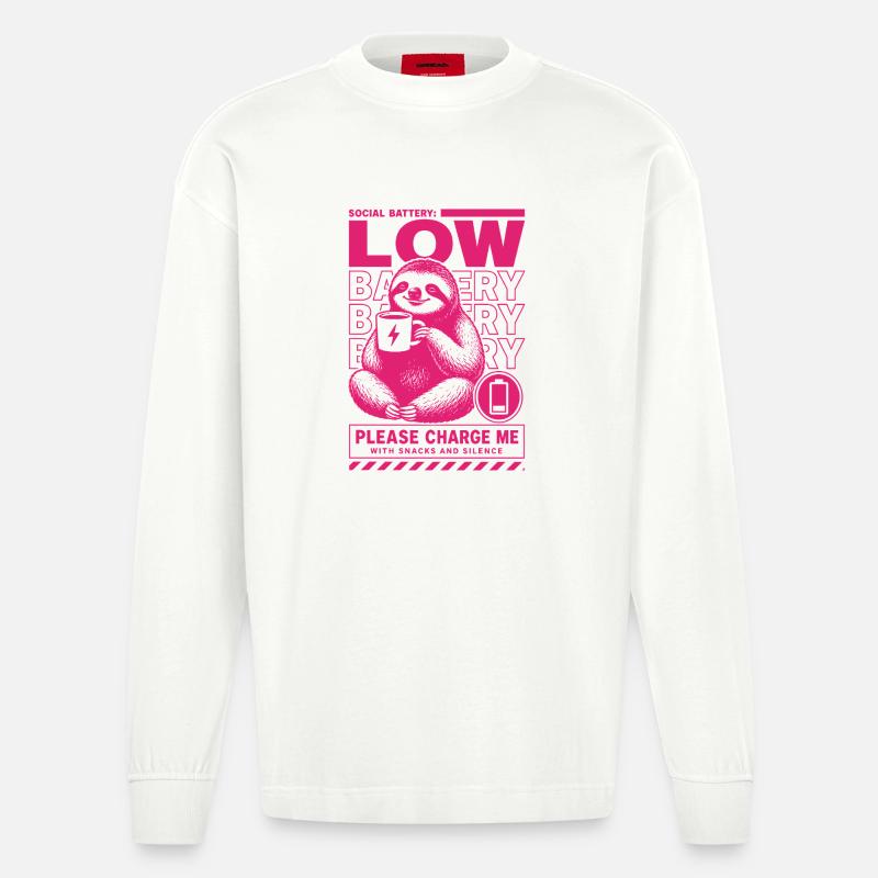 Low Battery Sloth Funny Design - Heavyweight Oversized Organic Langarmshirt Made in EU - OFF WHITE