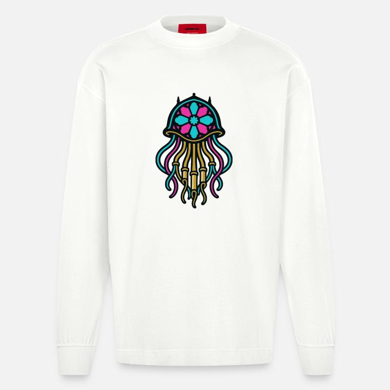 Méduse néon dans le style mandala - Manches longues bio épais oversize fabriqué en UE - OFF WHITE