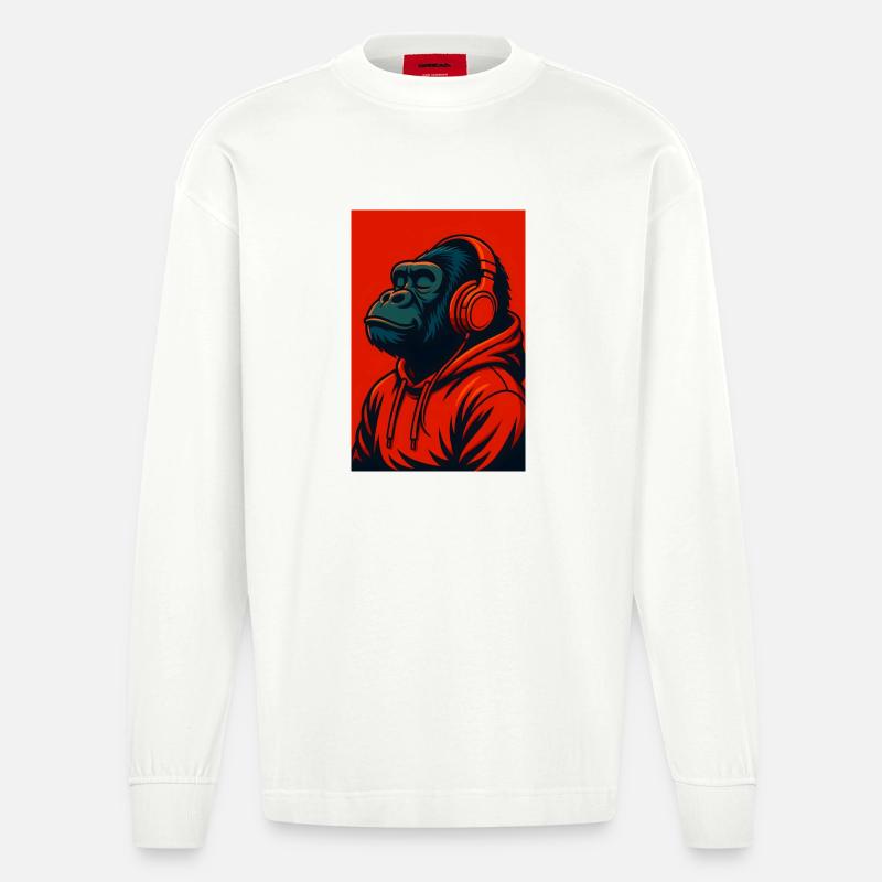 Gorilla im Kapuzenpullover mit Kopfhörern - Heavyweight Oversized Organic Langarmshirt Made in EU - OFF WHITE