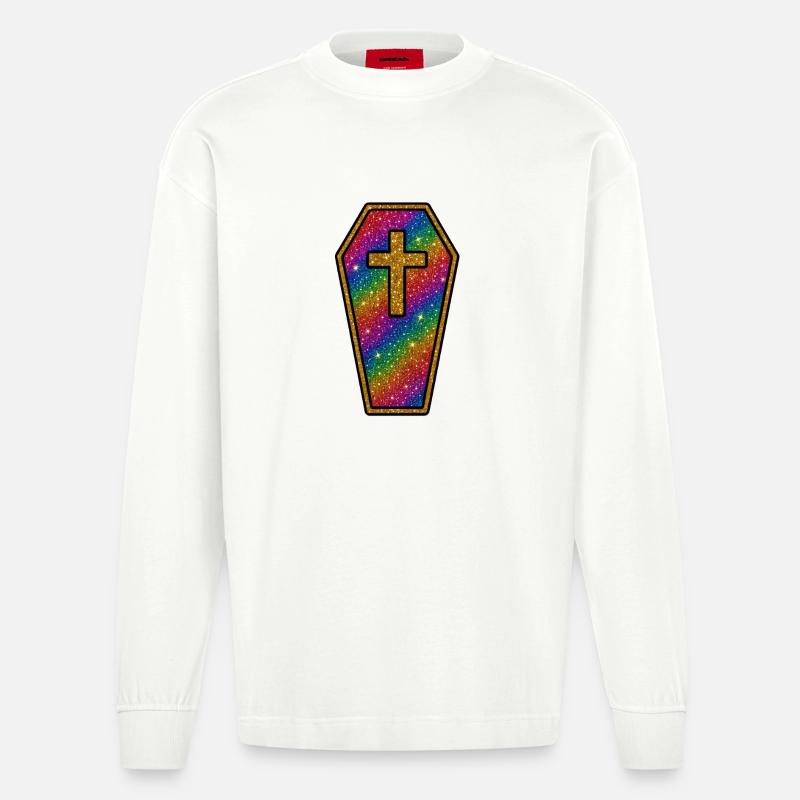 Halloween Sarg | Regenbogen Glitzer Sargkreuz - Heavyweight Oversized Organic Langarmshirt Made in EU - OFF WHITE
