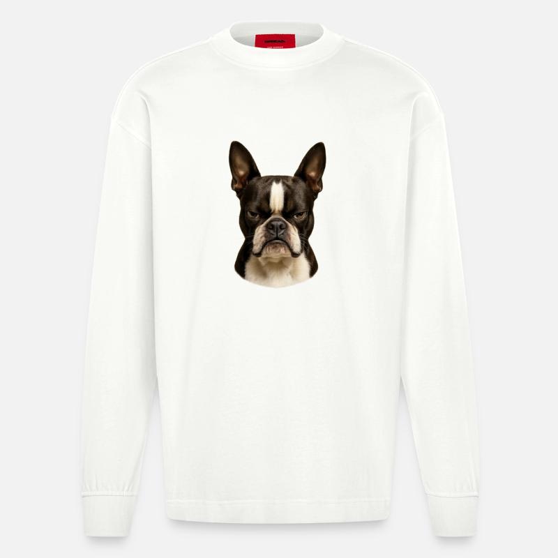Eindrucksvoller Boston Terrier Blick - Heavyweight Oversized Organic Langarmshirt Made in EU - OFF WHITE