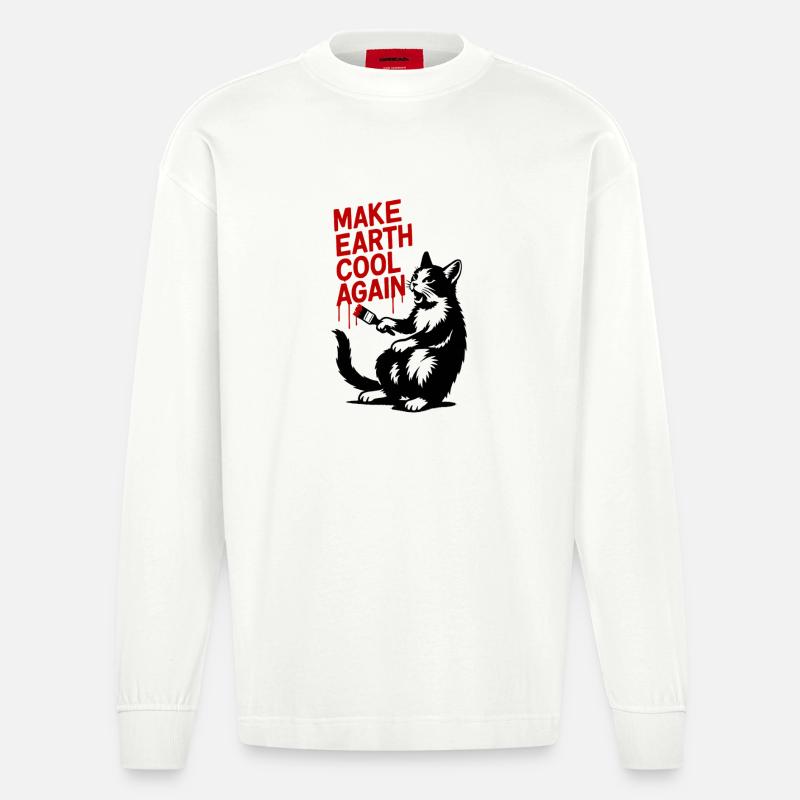 Make Earth Cool Again Wolf Print - Heavyweight Oversized Organic Langarmshirt Made in EU - OFF WHITE