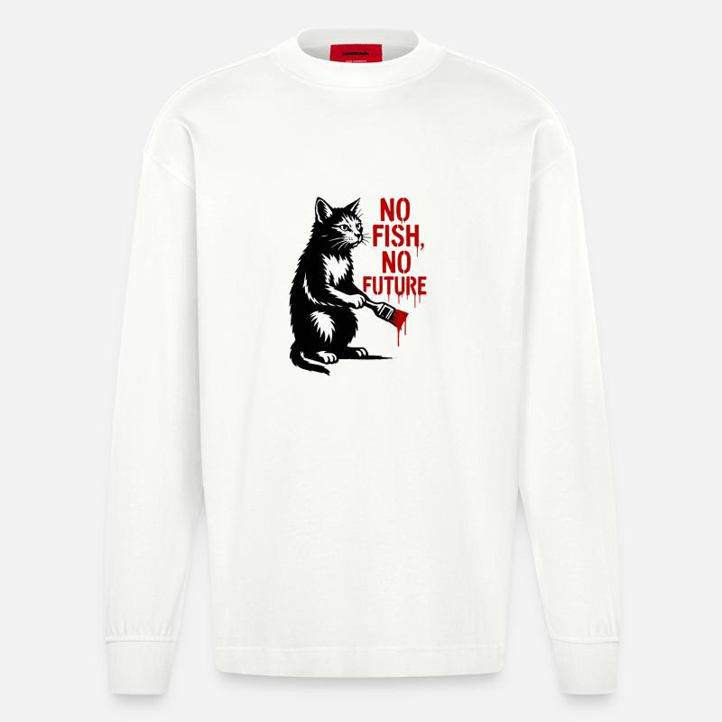 No Fish No Future Katze Graffiti - Heavyweight Oversized Organic Langarmshirt Made in EU - OFF WHITE