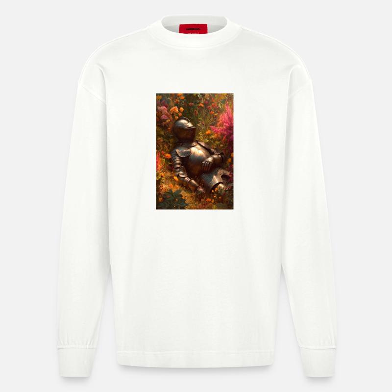Ritter im Blumengarten - Heavyweight Oversized Organic Langarmshirt Made in EU - OFF WHITE