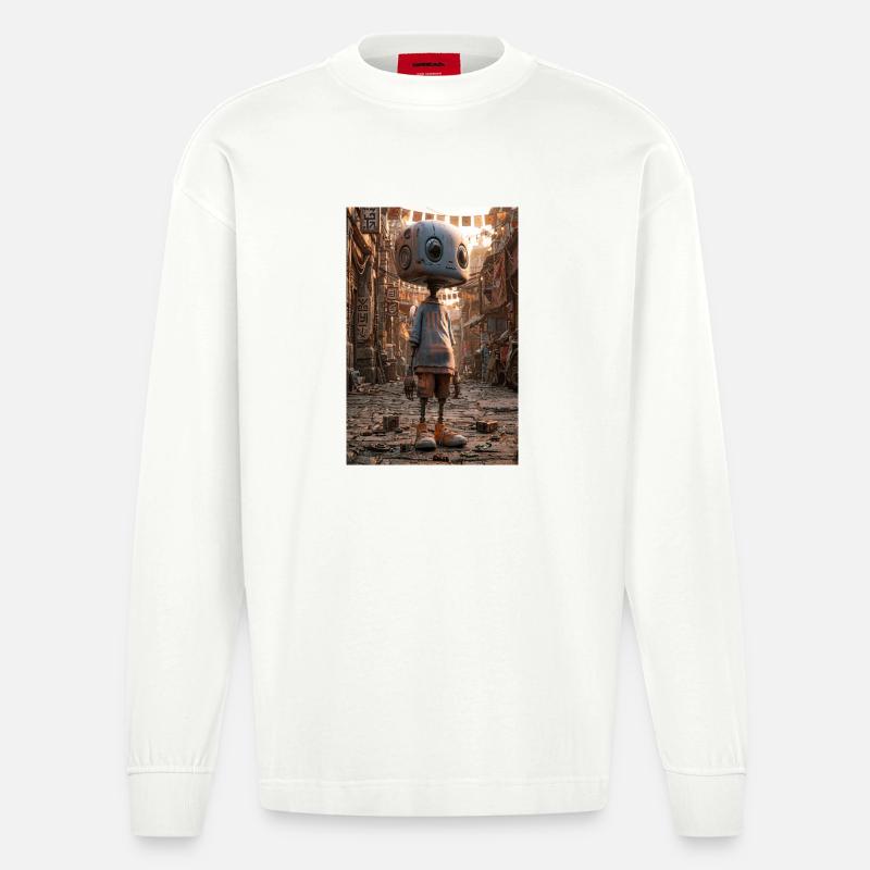 Rostiger Roboter im Neon-Basar - Heavyweight Oversized Organic Langarmshirt Made in EU - OFF WHITE