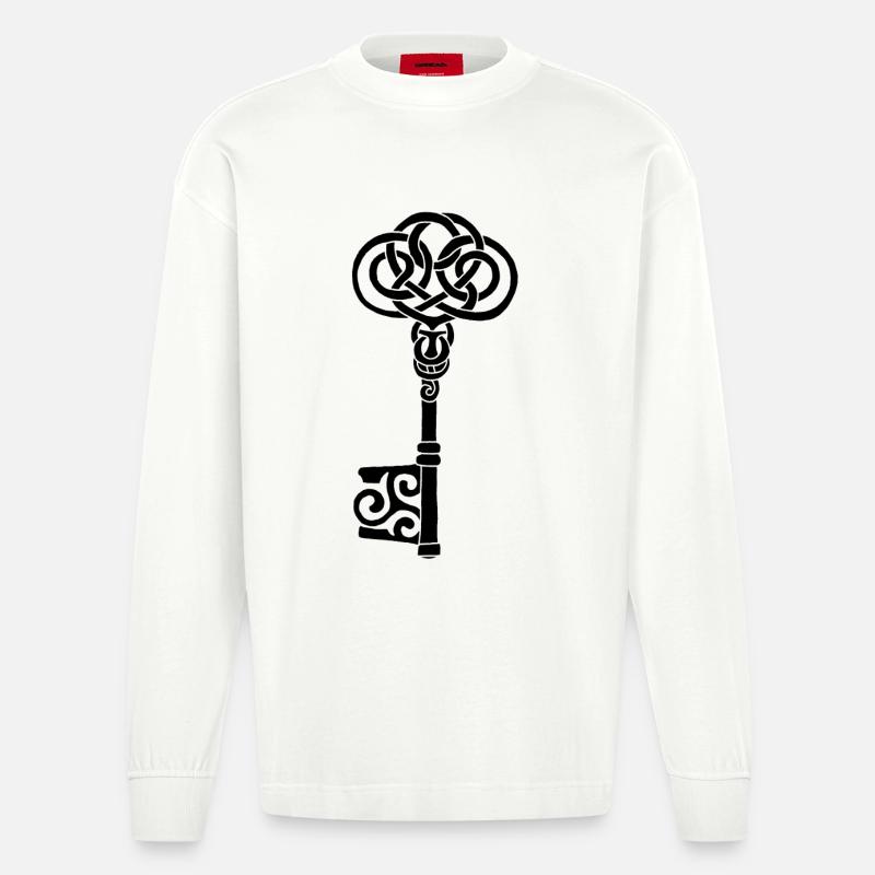 Schwarzer keltischer Schlüssel - Heavyweight Oversized Organic Langarmshirt Made in EU - OFF WHITE
