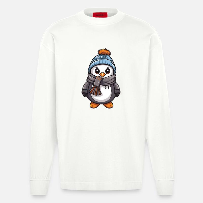 Pinguin Comic Niedlich Winter - Heavyweight Oversized Organic Langarmshirt Made in EU - OFF WHITE